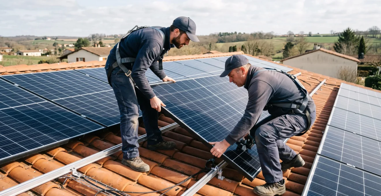 Deux techniciens installant des panneaux photovoltaïques sur une toiture résidentielle française en tuiles terre cuite