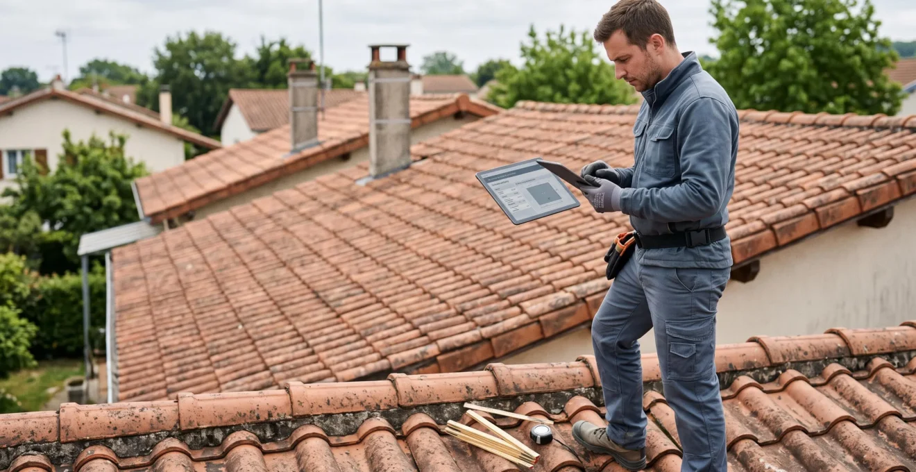 Professionnel solaire consultant des calculs sur tablette numérique debout sur une toiture en tuiles françaises