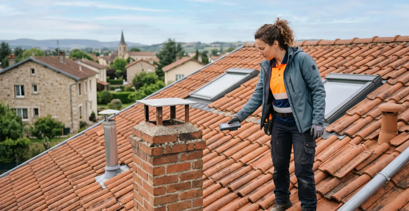 Technicien solaire mesurant une toiture française en tuiles avec obstacles visibles incluant cheminée et fenêtre de toit