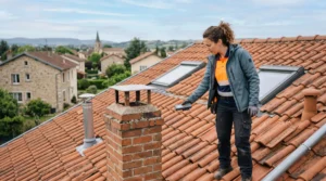 Technicien solaire mesurant une toiture française en tuiles avec obstacles visibles incluant cheminée et fenêtre de toit